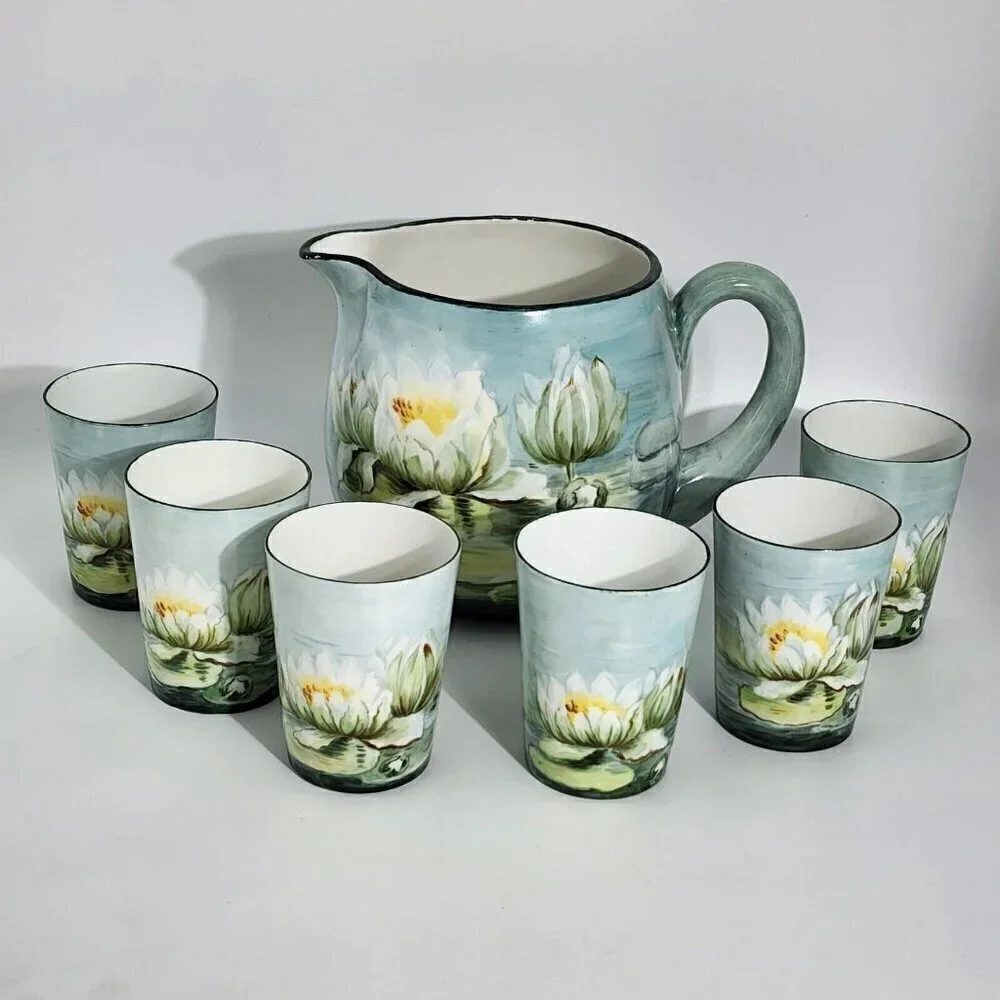 D&C France Vintage Hand Painted Pitcher and Glass Set of 7 Water Lily Green Trim